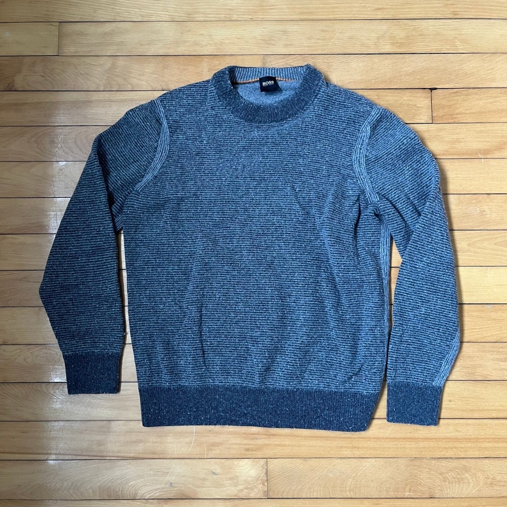 Hugo Boss Mens Blue Grey Textured Knit Crewneck Sweater Pullover Size M